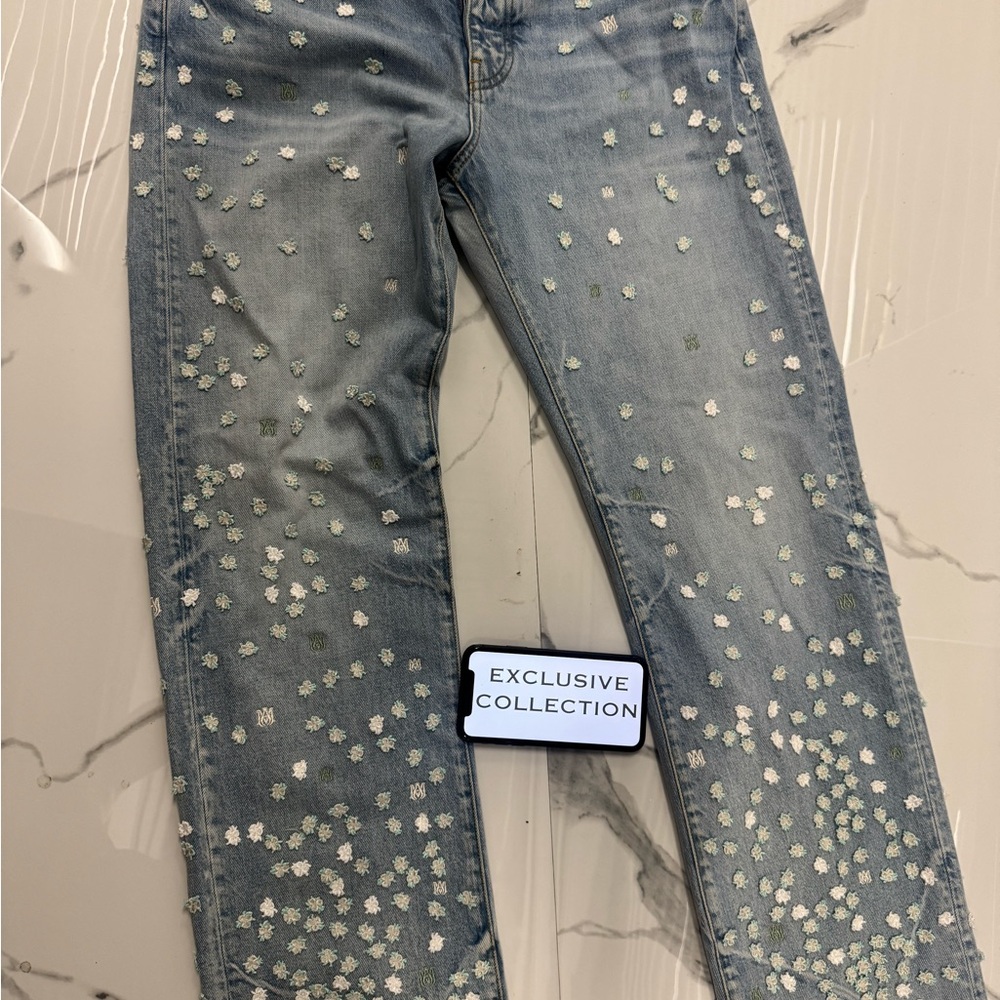 AMIRI Blue Straight Leg Pants with Floral Accents